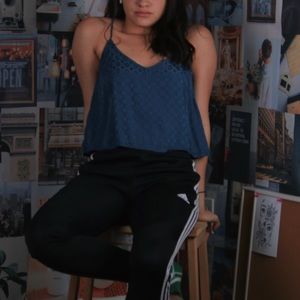 Blue patterned flared out spaghetti strap crop top